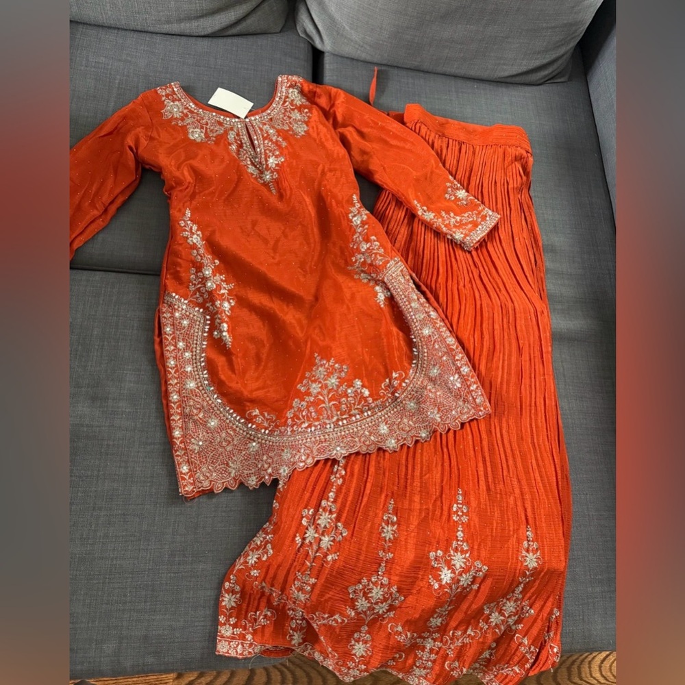 Elegant Orange Embroidered Sharara Suit with Cancan and Dupatta included
